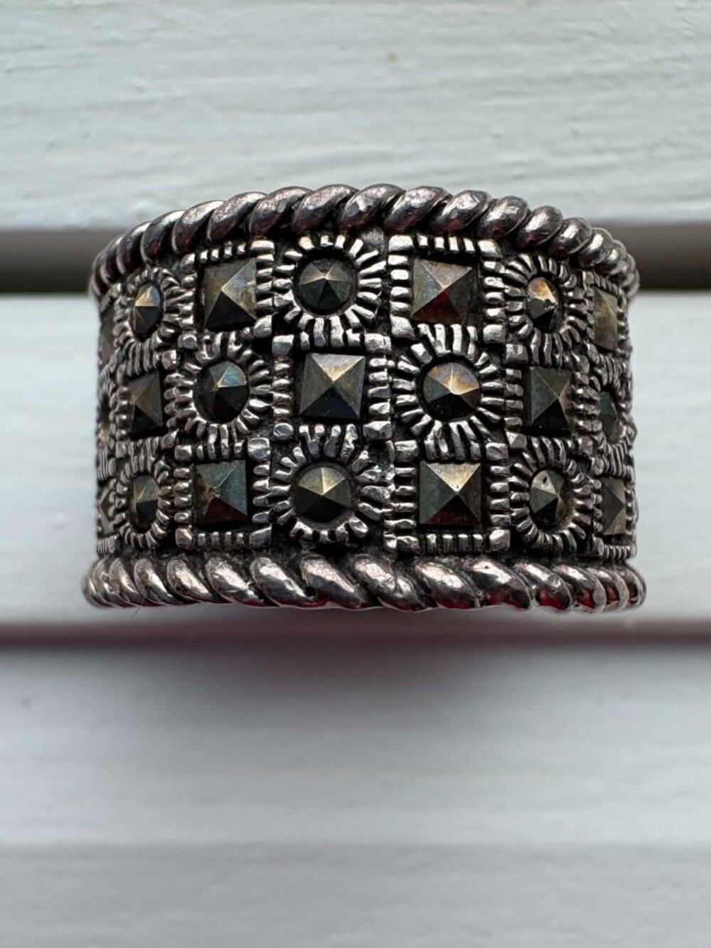 Vintage 925 Sterling Silver Marcasite Wide Band Ring | Statement Ring